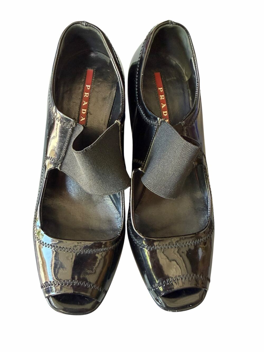Prada Sport Black Patent Leather Peep Toe Wedge Heels 34.5/US 4.5 Italy Y2K Luxe